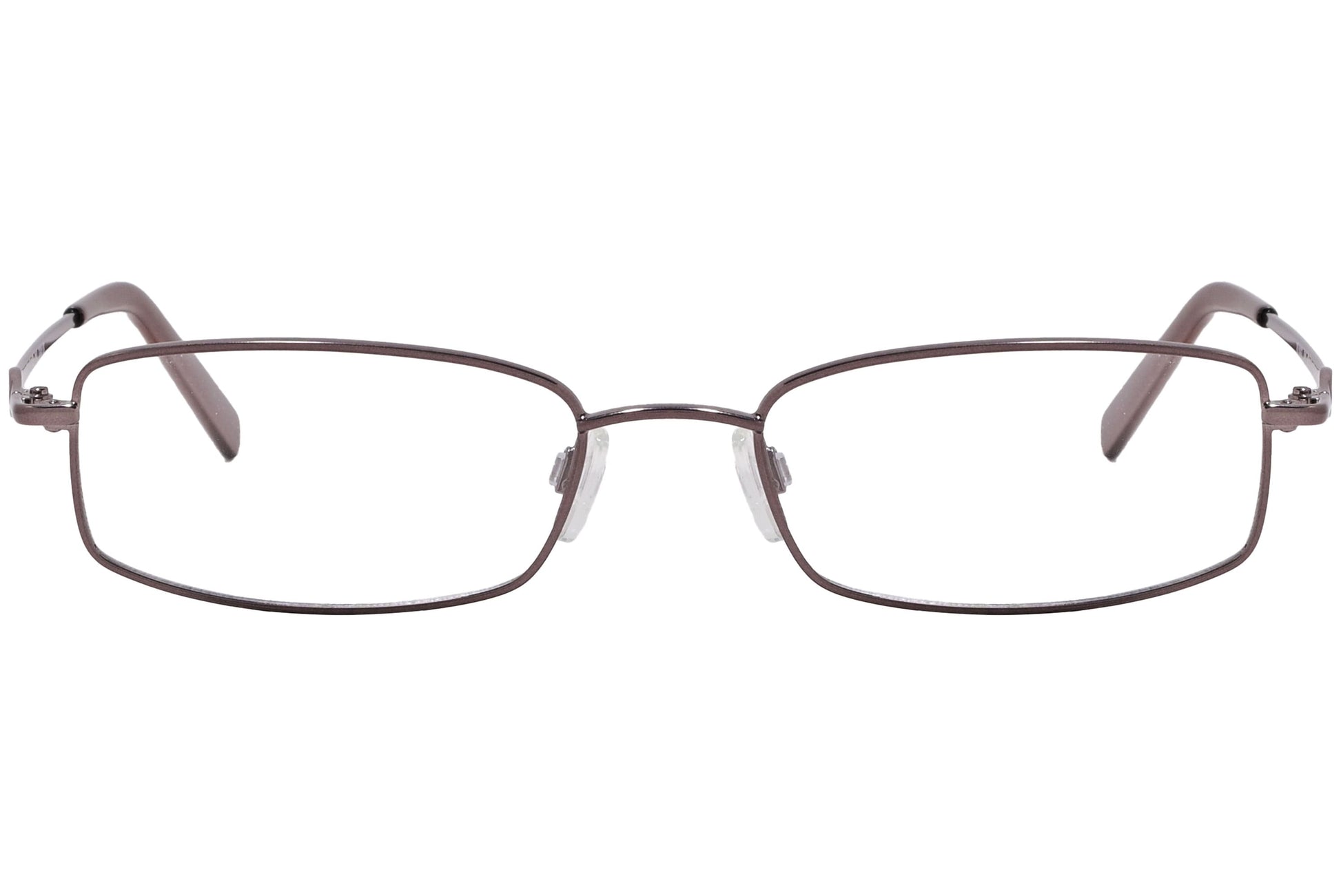 rectangle brown eyeglasses frame viewed from front angle.