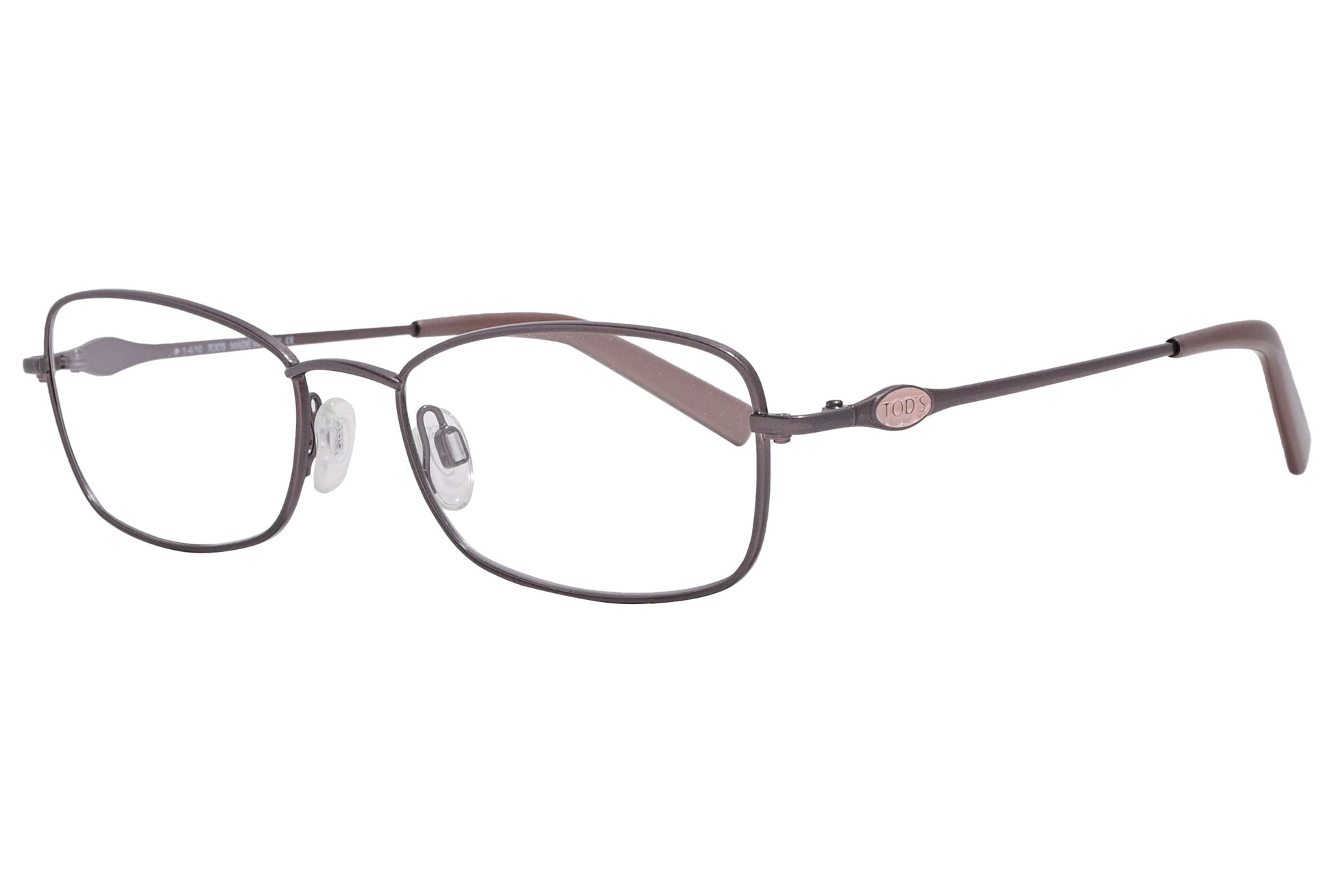 rectangle brown eyeglasses frame viewed from a 45-degree angle.