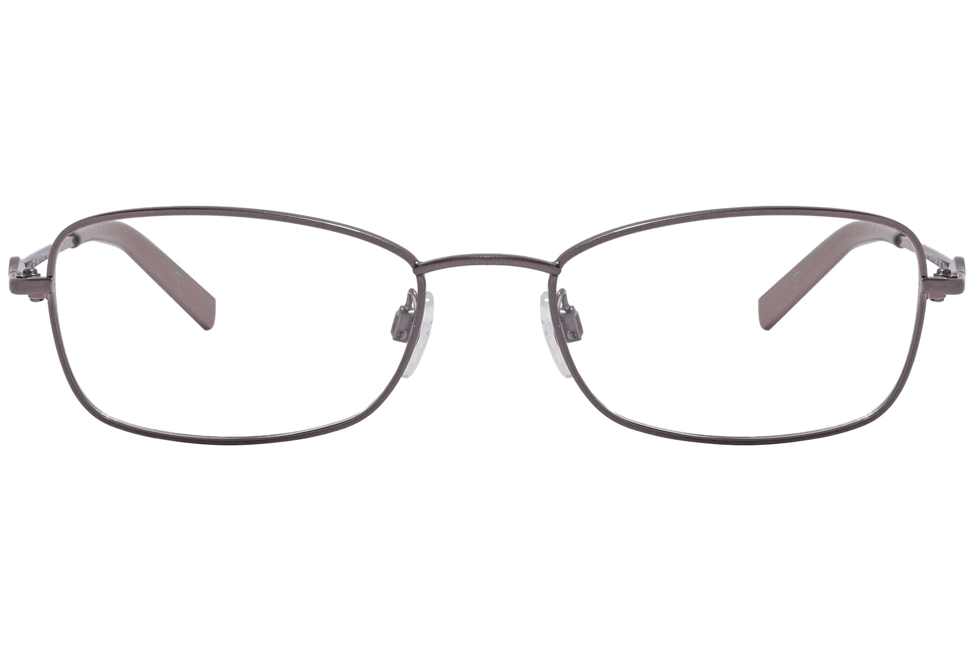 rectangle brown eyeglasses frame viewed from front angle.