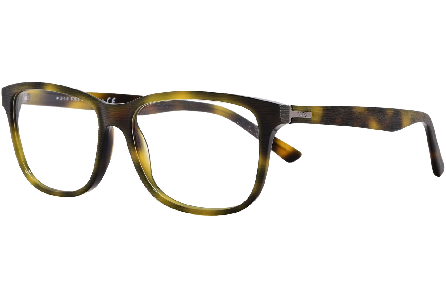 rectangle yellow tortoise eyeglasses frame viewed from a 45-degree angle.