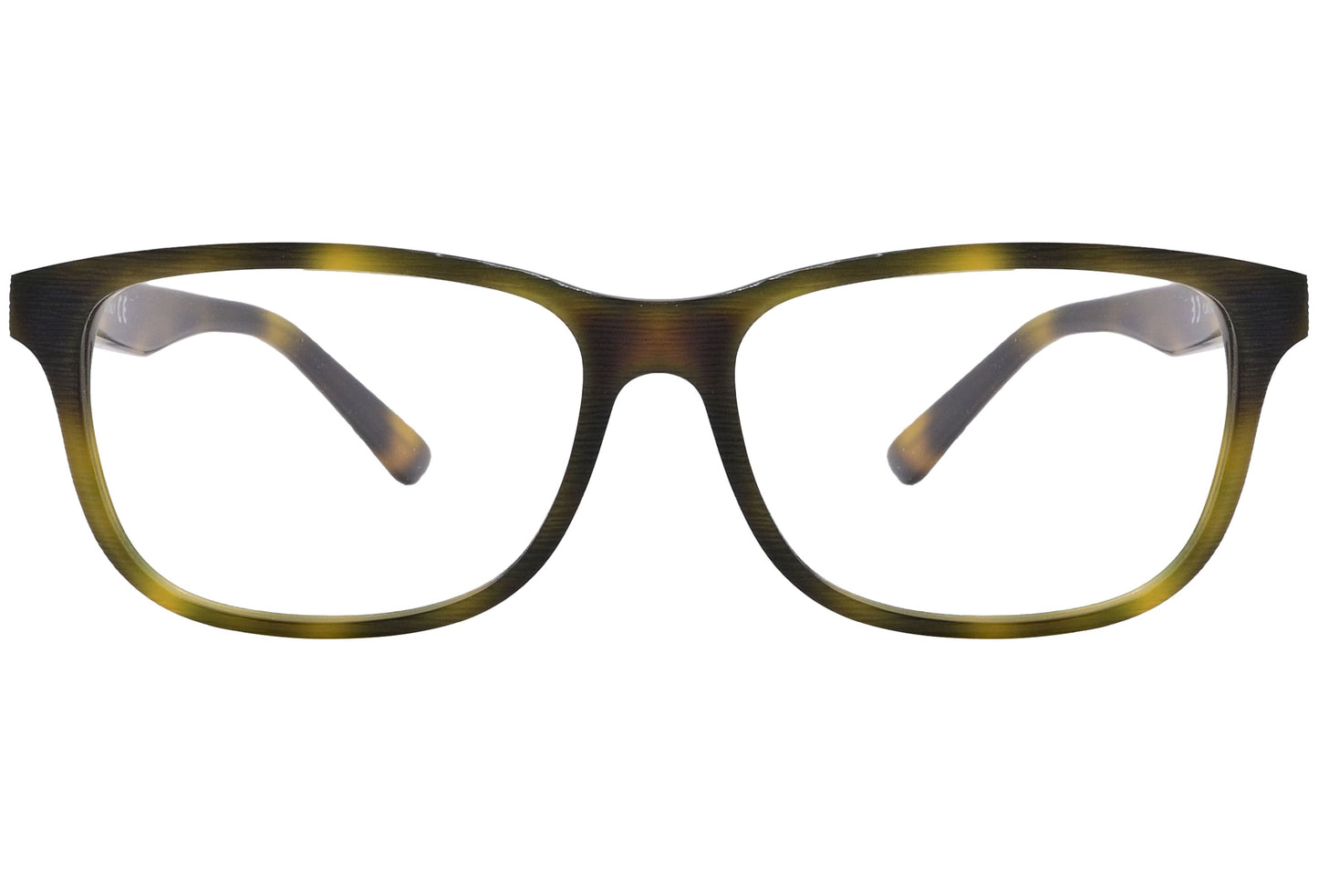 rectangle yellow tortoise eyeglasses frame viewed from front angle.