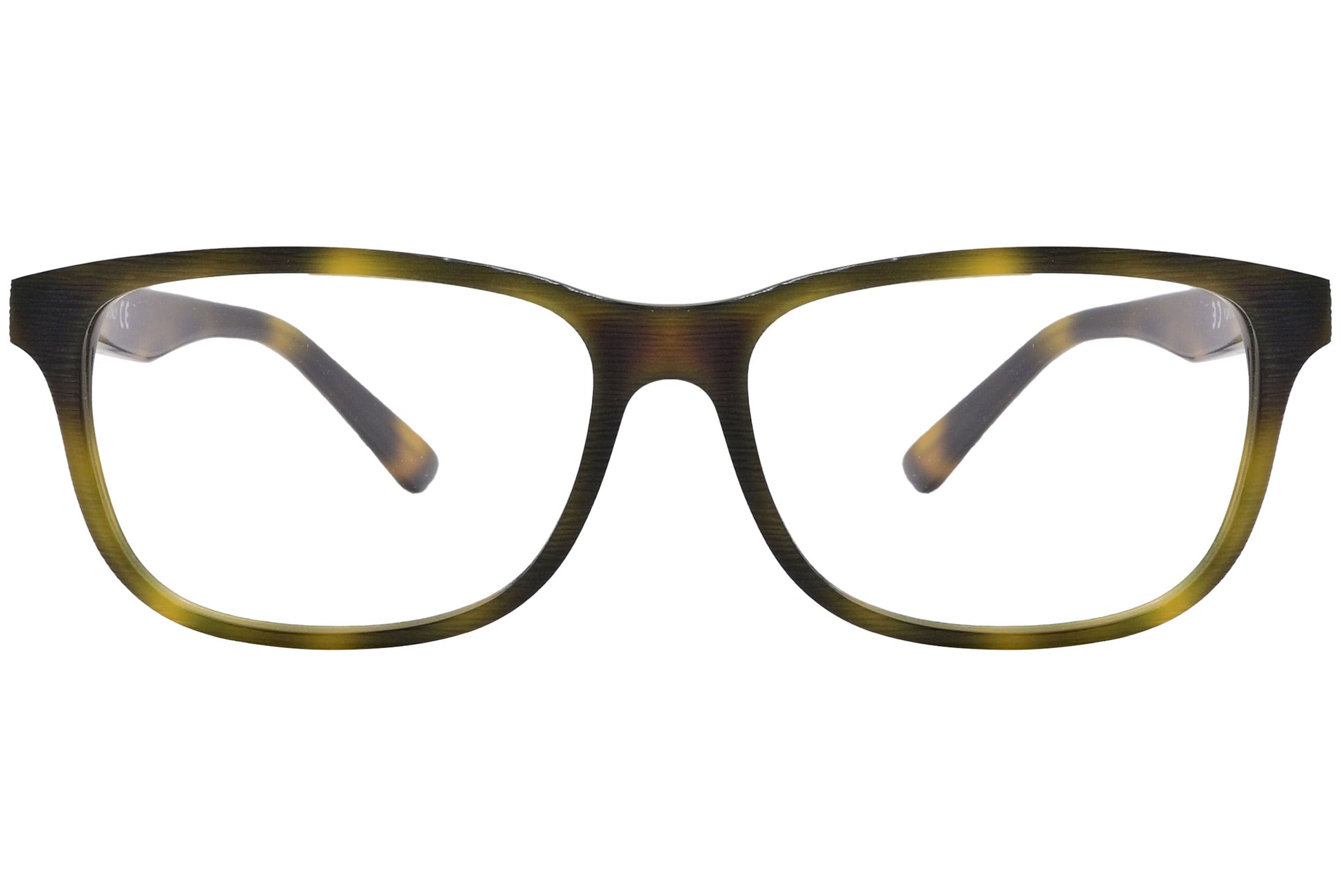 rectangle yellow tortoise eyeglasses frame viewed from front angle.