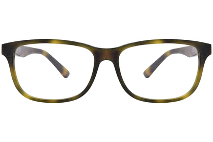 rectangle yellow tortoise eyeglasses frame viewed from front angle.