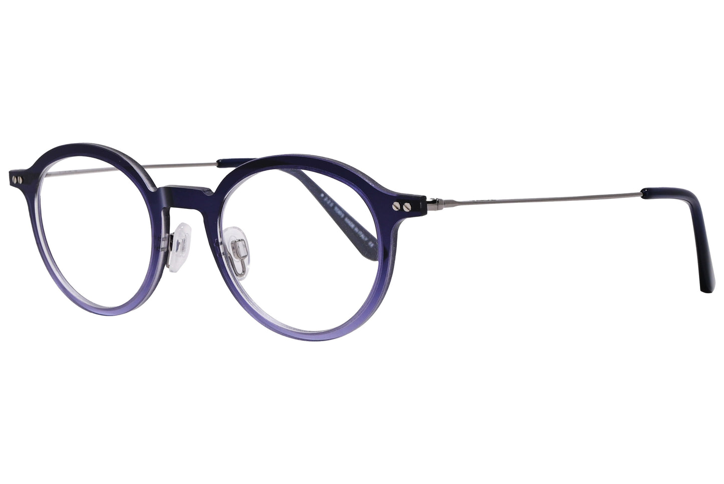 A photo of round eyeglasses with a purple frame and black accents on the arms.