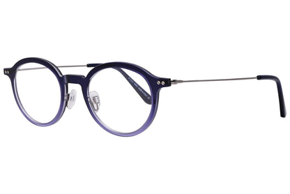 A photo of round eyeglasses with a purple frame and black accents on the arms.