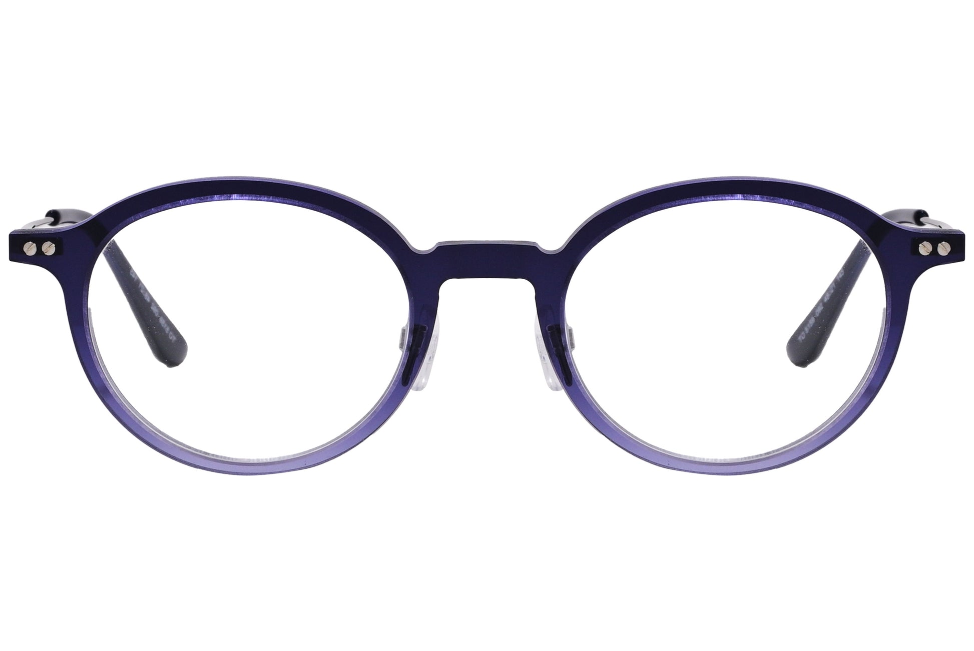 A photo of round eyeglasses with a purple frame and black accents on the arms.