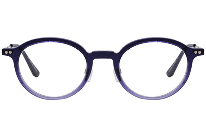 A photo of round eyeglasses with a purple frame and black accents on the arms.