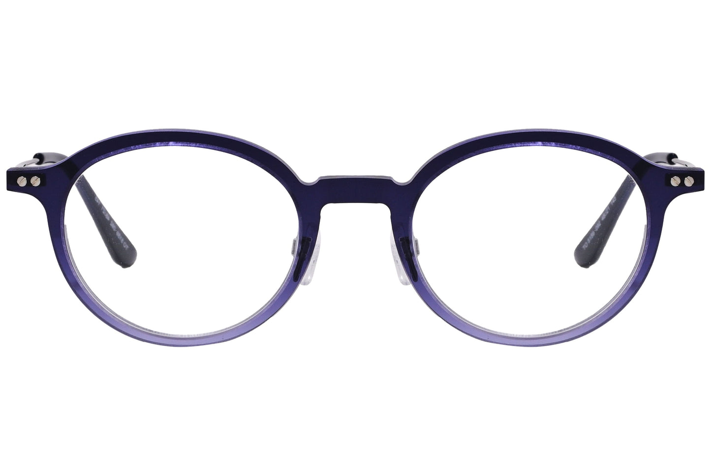 round purple with black eyeglasses frame viewed from front angle.