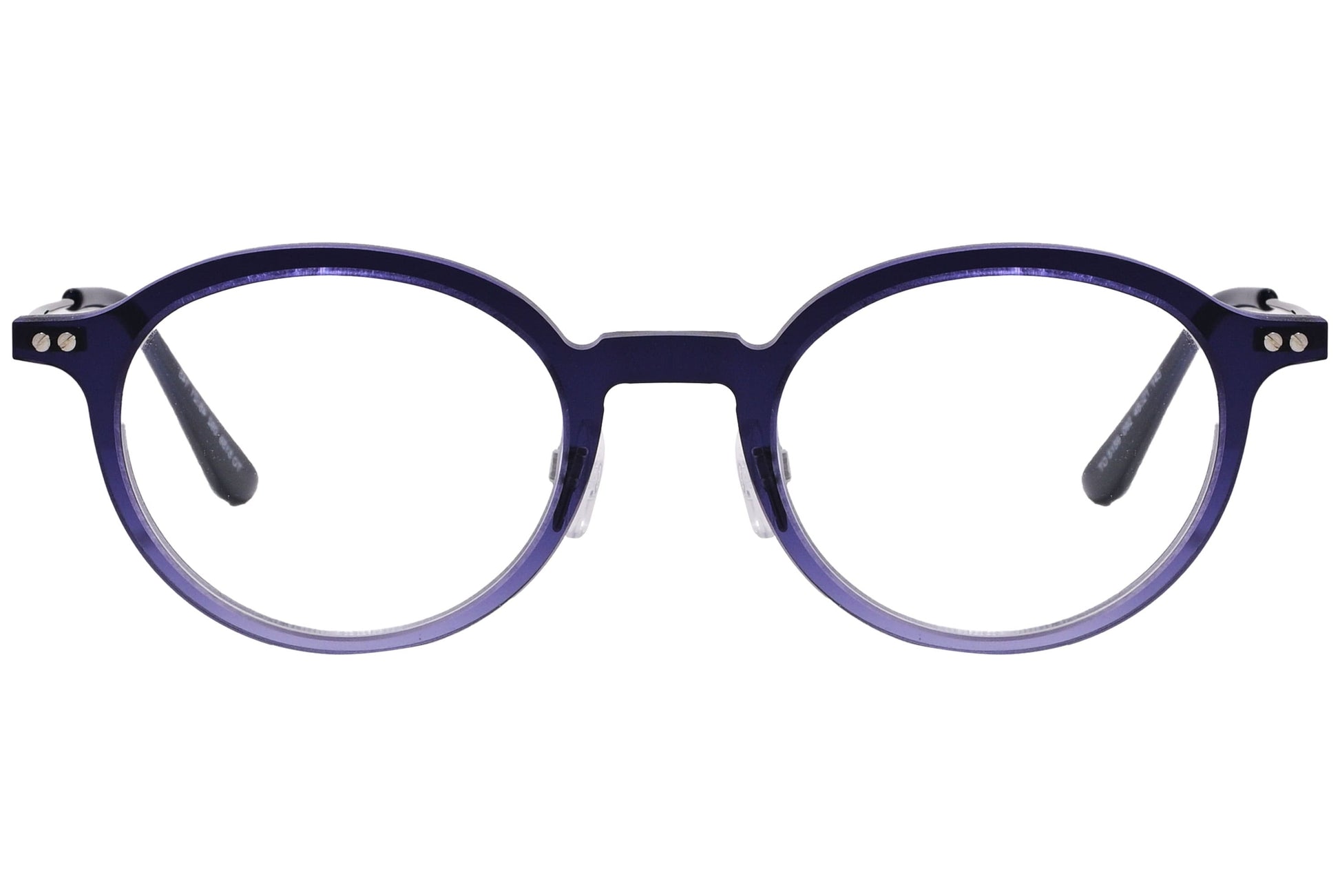 round purple with black eyeglasses frame viewed from front angle.