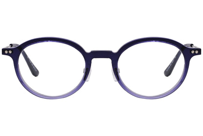 round purple with black eyeglasses frame viewed from front angle.