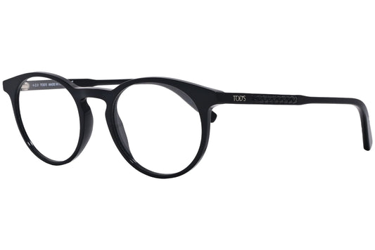 round black eyeglasses frame viewed from a 45-degree angle.