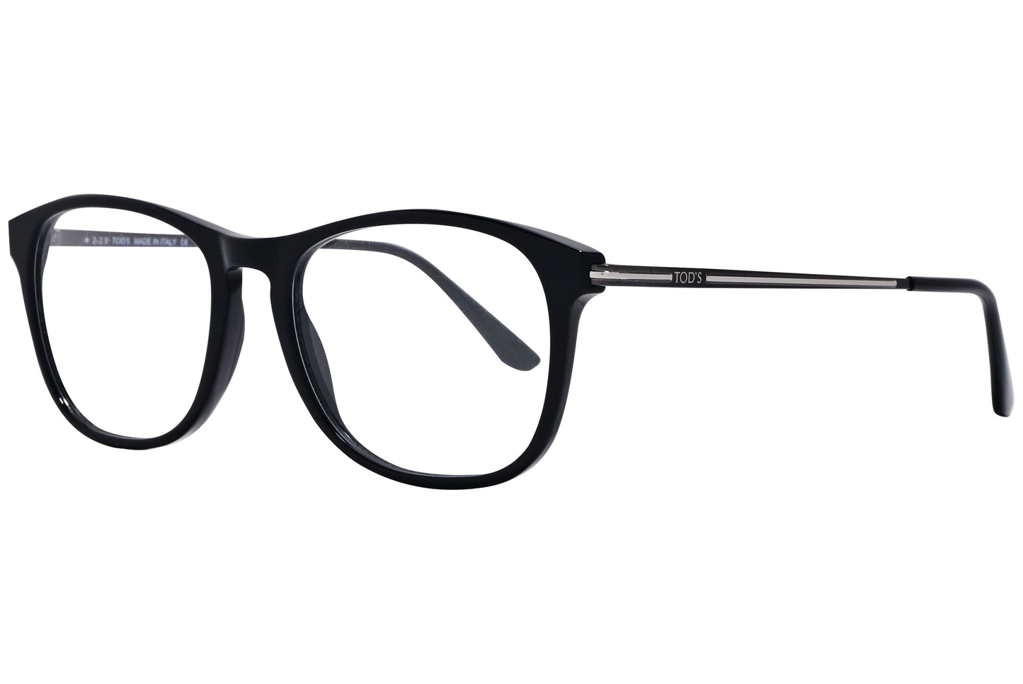 tods rectangle black eyeglasses frame viewed from a 45-degree angle.