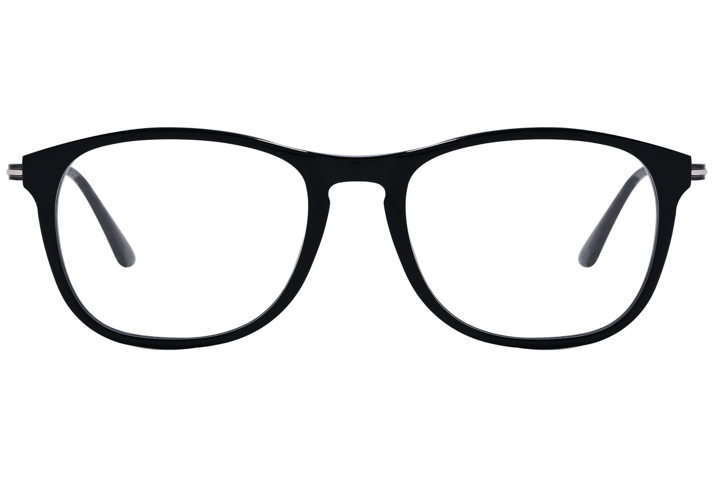 tods rectangle black eyeglasses frame viewed from front angle.