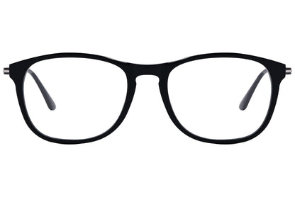 tods rectangle black eyeglasses frame viewed from front angle.