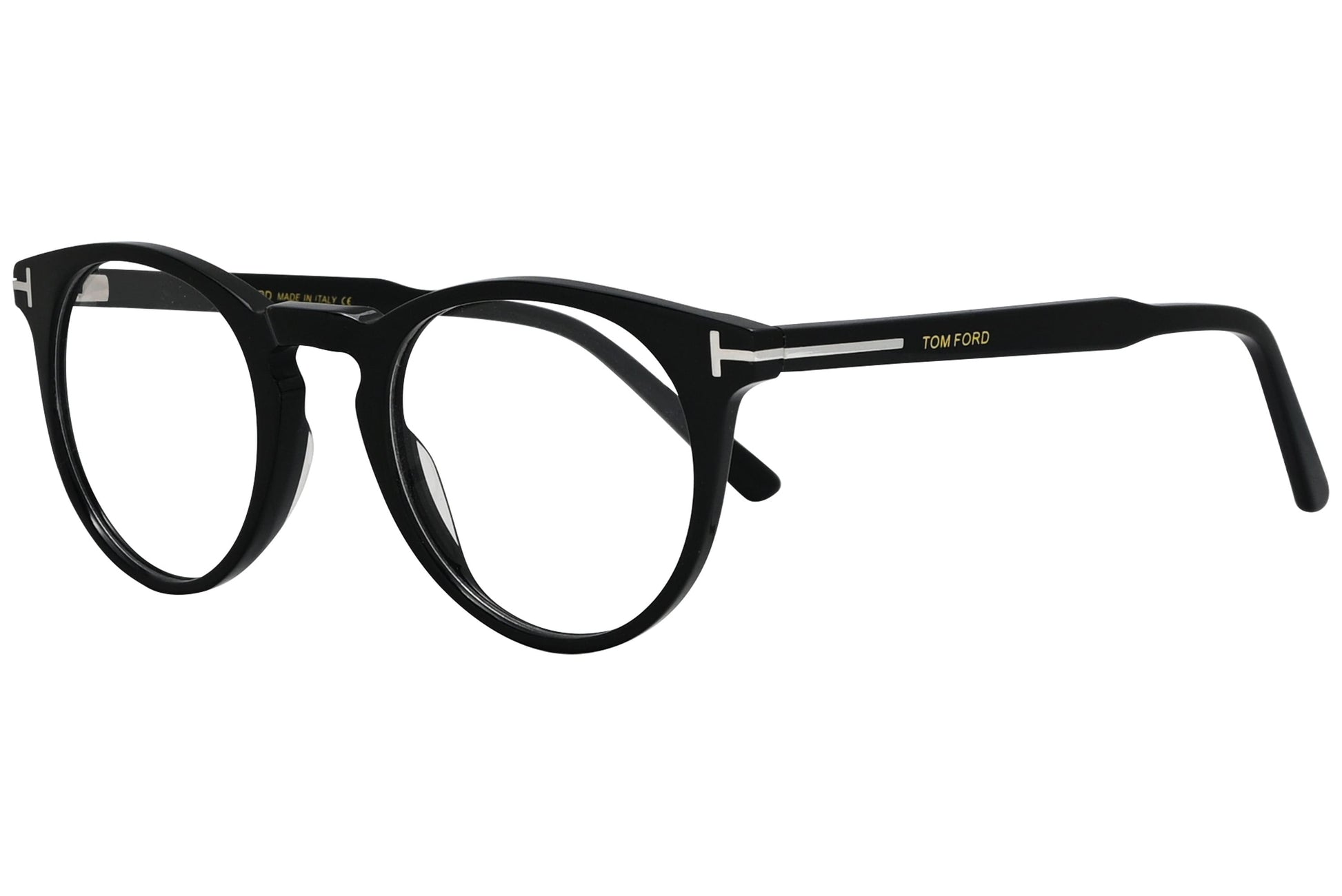 tom ford round black eyeglasses frame viewed from a 45-degree angle.