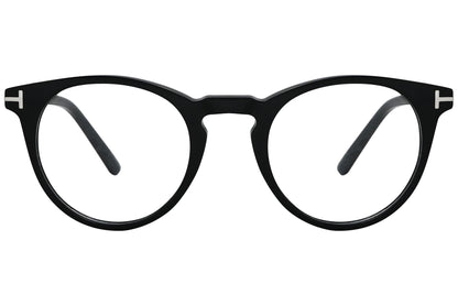 tom ford round black eyeglasses frame viewed from front angle.