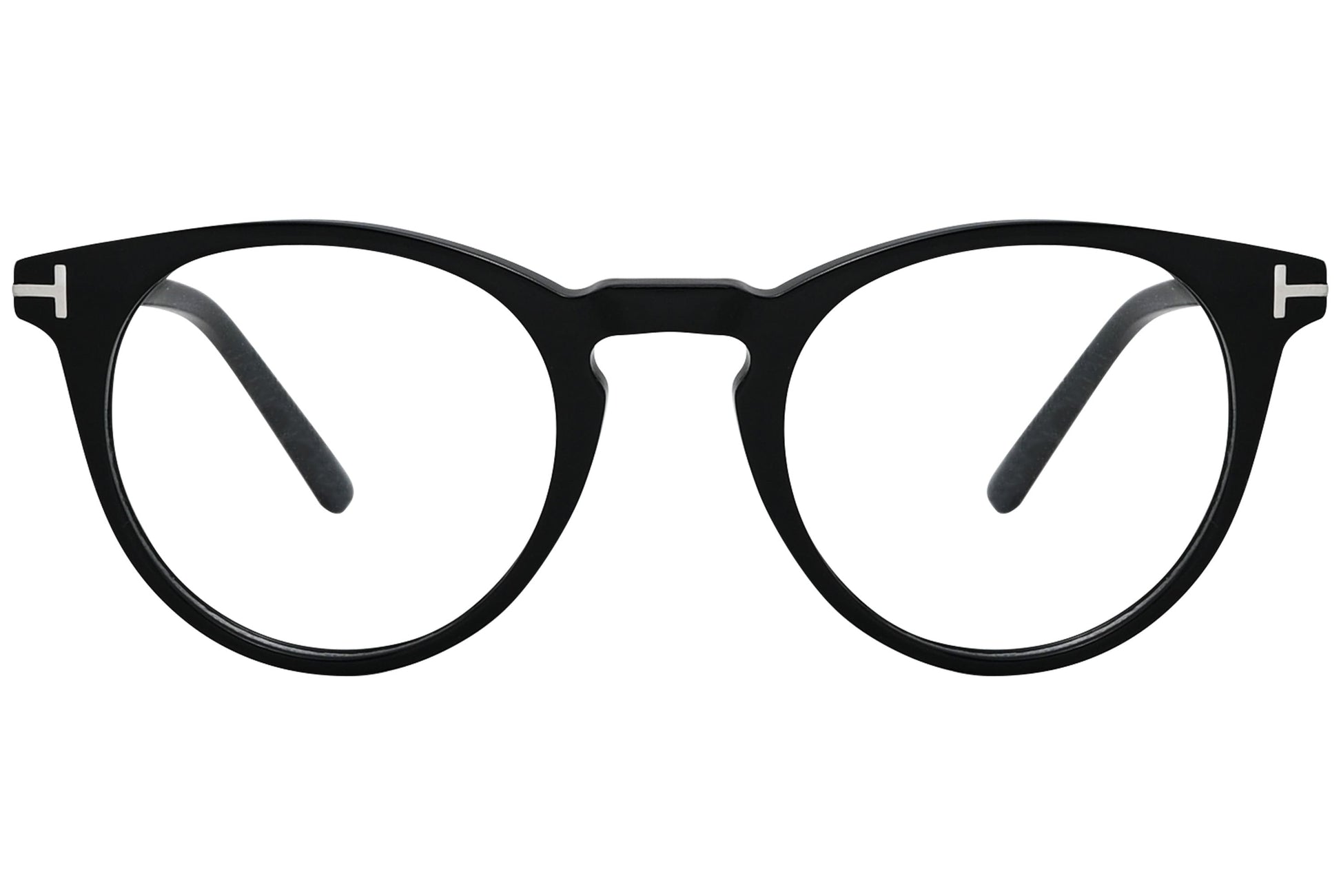 tom ford round black eyeglasses frame viewed from front angle.