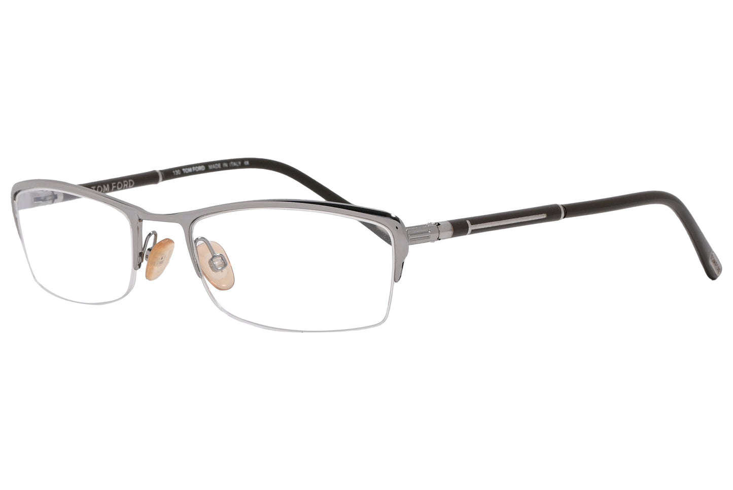 A pair of Tom Ford rectangle eyeglasses with silver and black colors, including distinctive branding details.