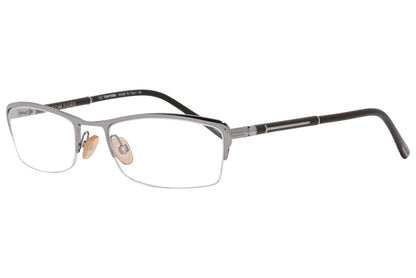 A pair of Tom Ford rectangle eyeglasses with silver and black colors, including distinctive branding details.