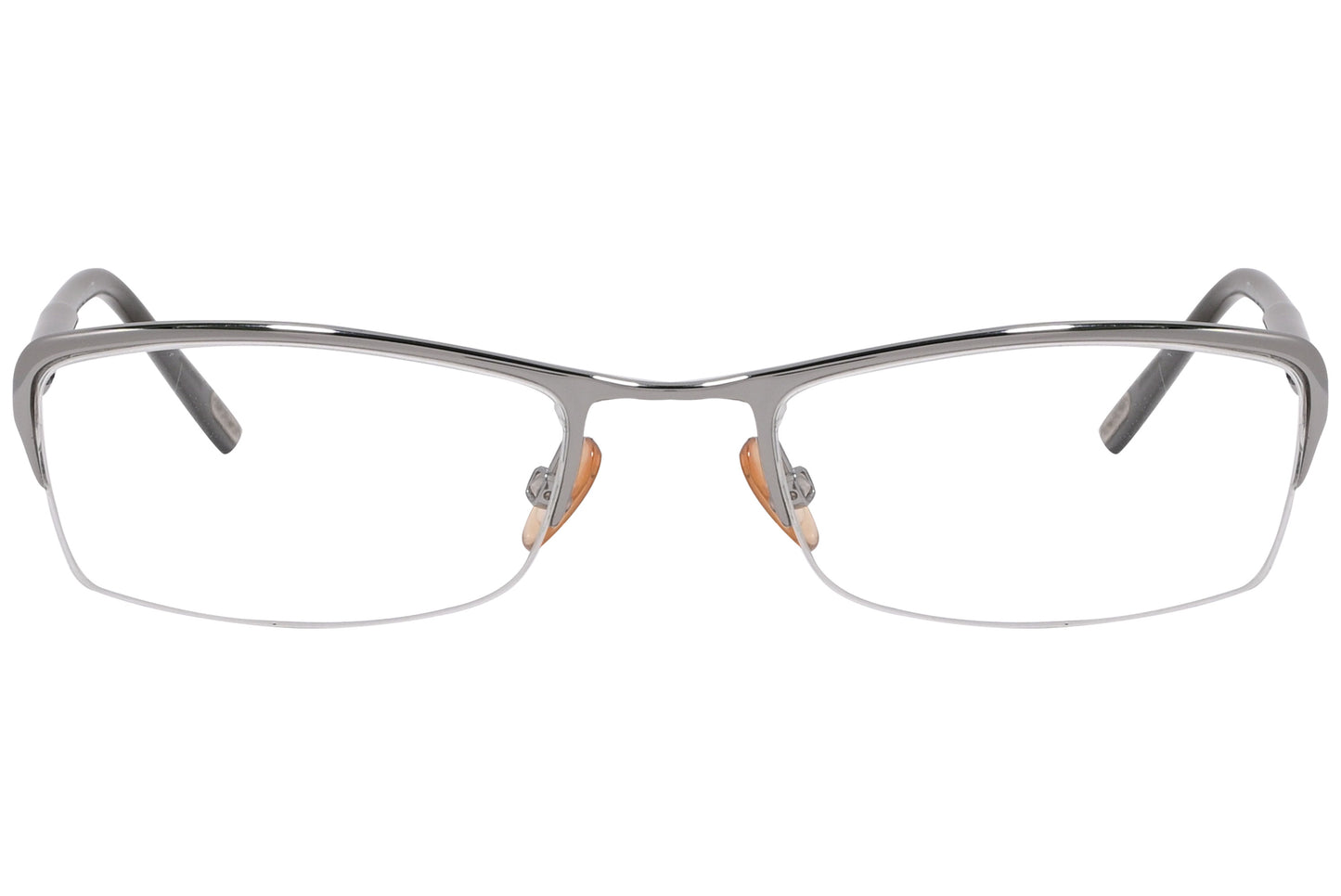 A pair of Tom Ford rectangle eyeglasses with silver and black colors, including distinctive branding details.