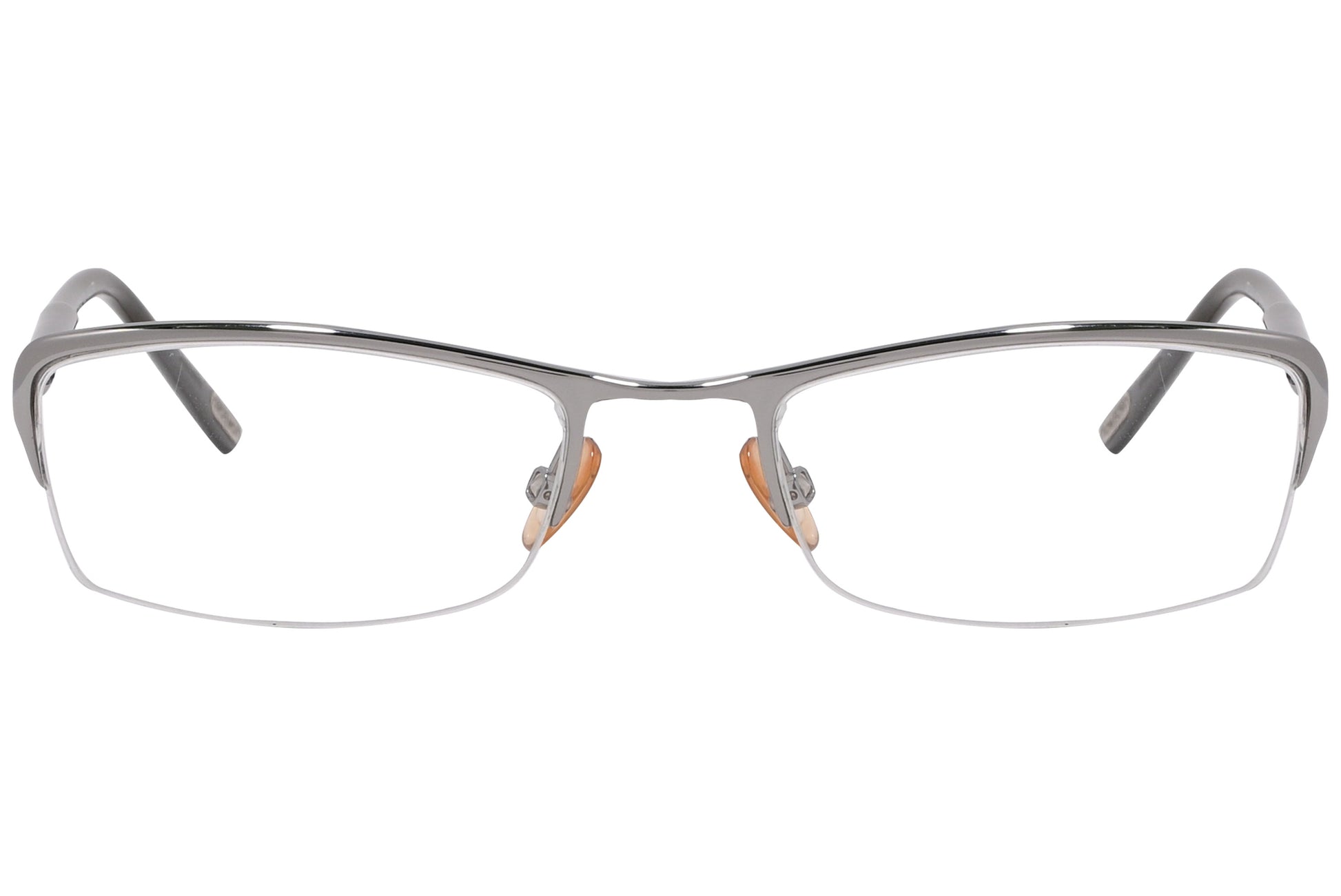 A pair of Tom Ford rectangle eyeglasses with silver and black colors, including distinctive branding details.