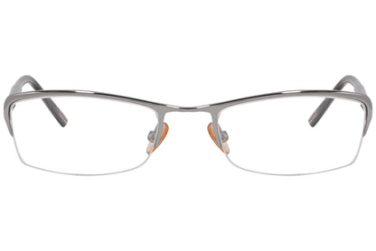 A pair of Tom Ford rectangle eyeglasses with silver and black colors, including distinctive branding details.