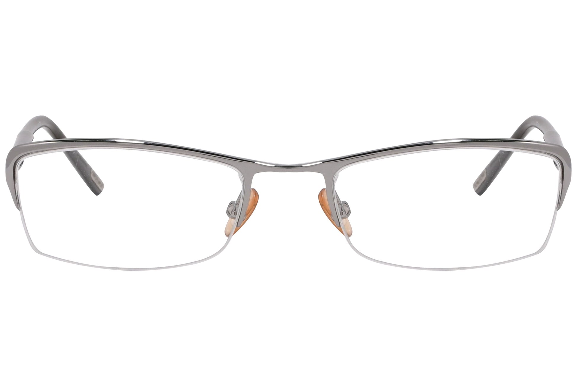 tom ford rectangle silver and black eyeglasses frame viewed from front angle.