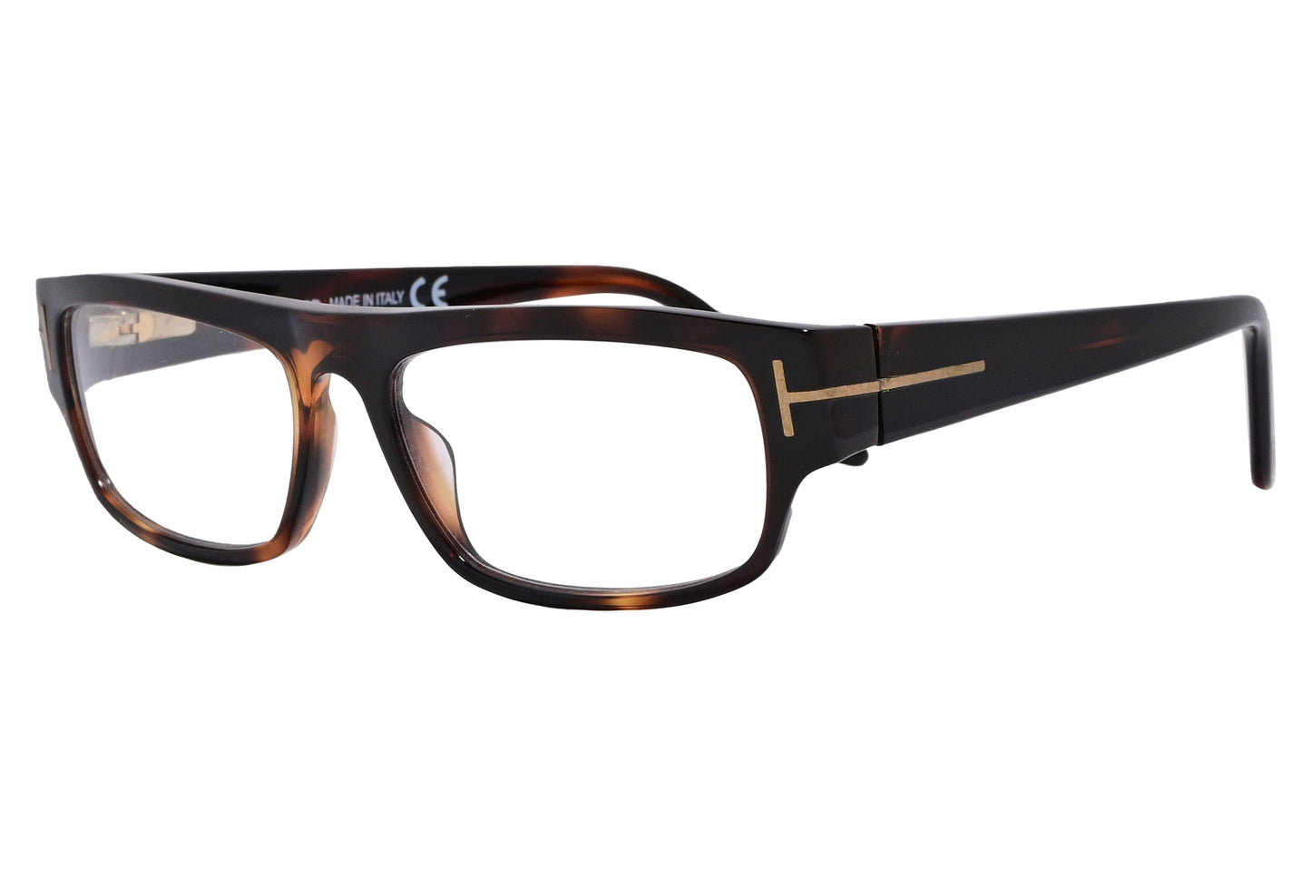 tom ford rectangle brown tortoise eyeglasses frame viewed from a 45-degree angle.