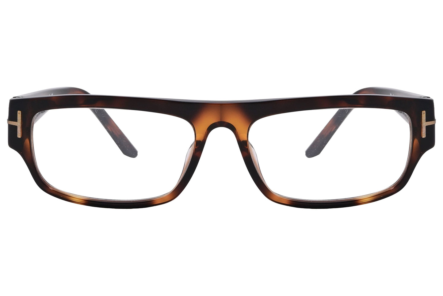 tom ford rectangle brown tortoise eyeglasses frame viewed from front angle.