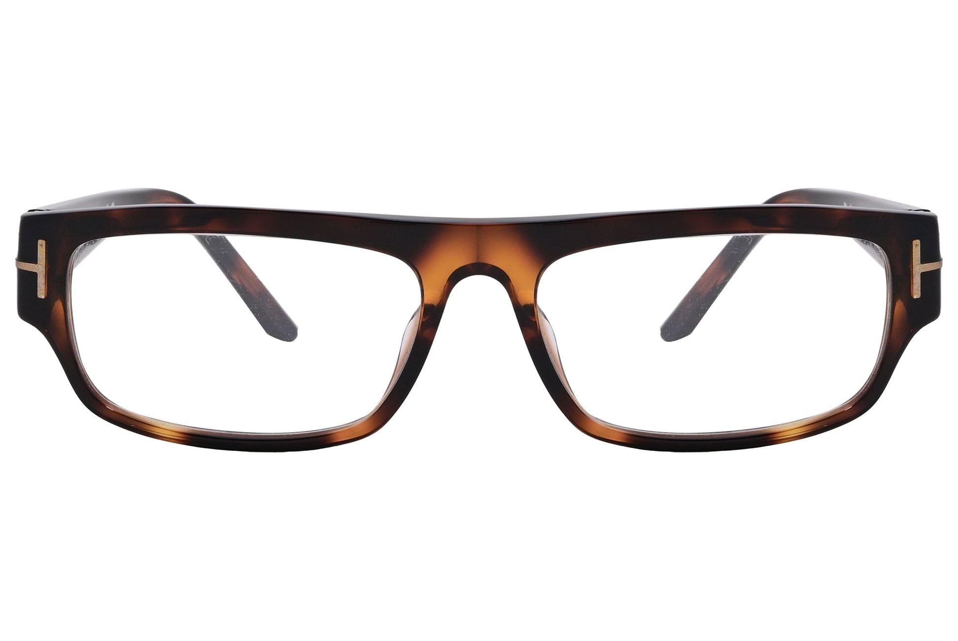 tom ford rectangle brown tortoise eyeglasses frame viewed from front angle.