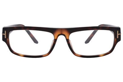 tom ford rectangle brown tortoise eyeglasses frame viewed from front angle.