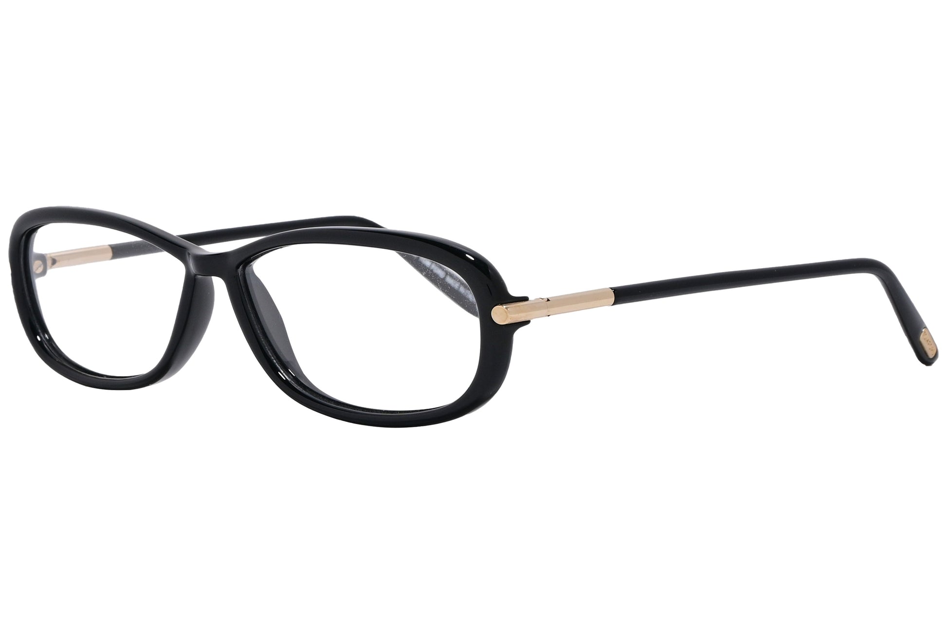 A pair of Tom Ford oval eyeglasses with black frame and distinctive gold accents on the hinges.