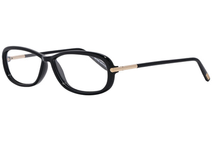 A pair of Tom Ford oval eyeglasses with black frame and distinctive gold accents on the hinges.