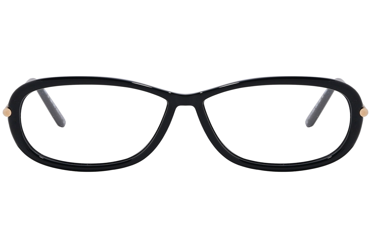 A pair of Tom Ford oval eyeglasses with black frame and distinctive gold accents on the hinges.
