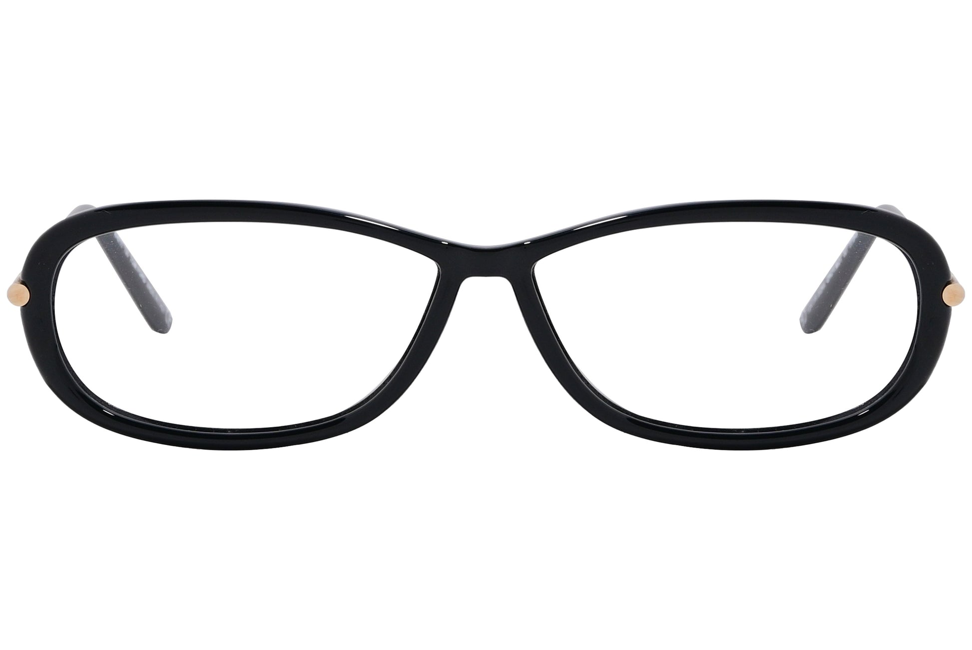 A pair of Tom Ford oval eyeglasses with black frame and distinctive gold accents on the hinges.