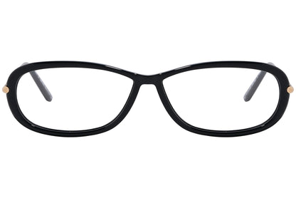 A pair of Tom Ford oval eyeglasses with black frame and distinctive gold accents on the hinges.