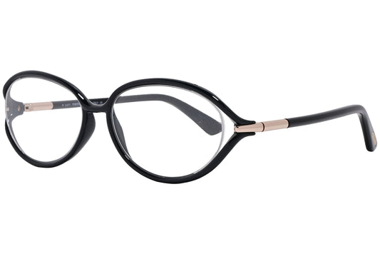 tom ford oval black eyeglasses frame viewed from a 45-degree angle.