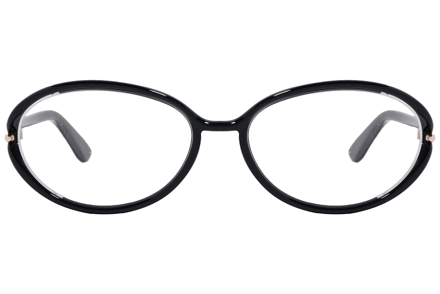 A pair of Tom Ford oval eyeglasses with black frame.
