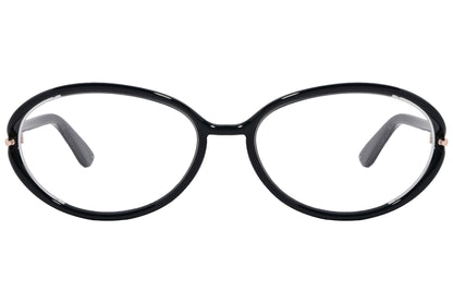 A pair of Tom Ford oval eyeglasses with black frame.