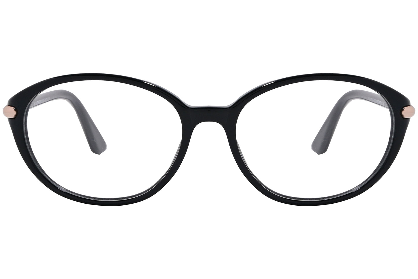 A pair of Tom Ford oval eyeglasses with black frames and gold accents on the arms.
