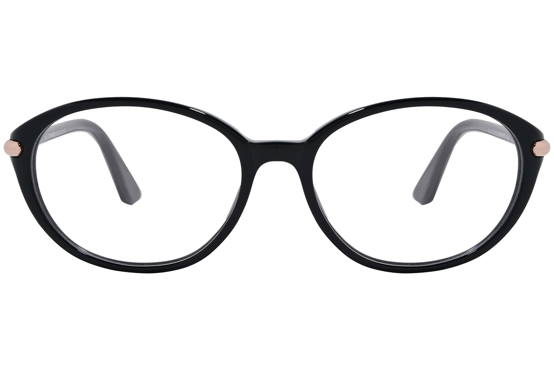 A pair of Tom Ford oval eyeglasses with black frames and gold accents on the arms.