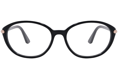 A pair of Tom Ford oval eyeglasses with black frames and gold accents on the arms.