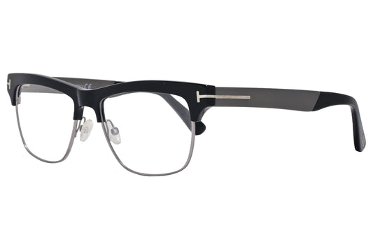 tom ford browline black and gray eyeglasses frame viewed from a 45-degree angle.