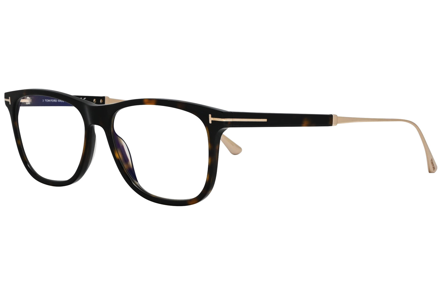 tom ford rectangle tortoise eyeglasses frame viewed from a 45-degree angle.