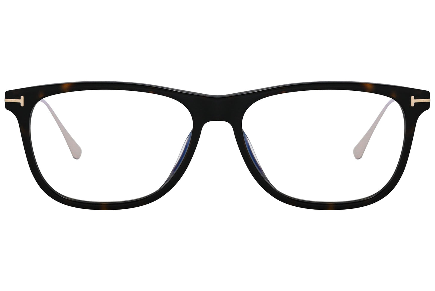 tom ford rectangle tortoise eyeglasses frame viewed from front angle.