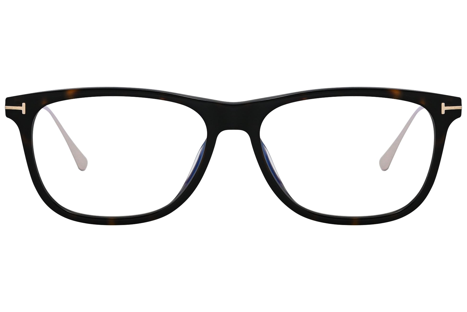 tom ford rectangle tortoise eyeglasses frame viewed from front angle.