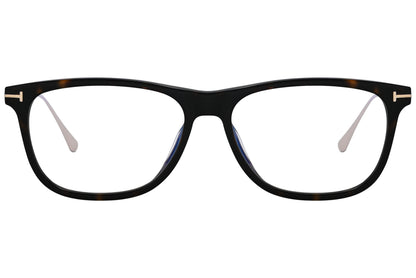 tom ford rectangle tortoise eyeglasses frame viewed from front angle.