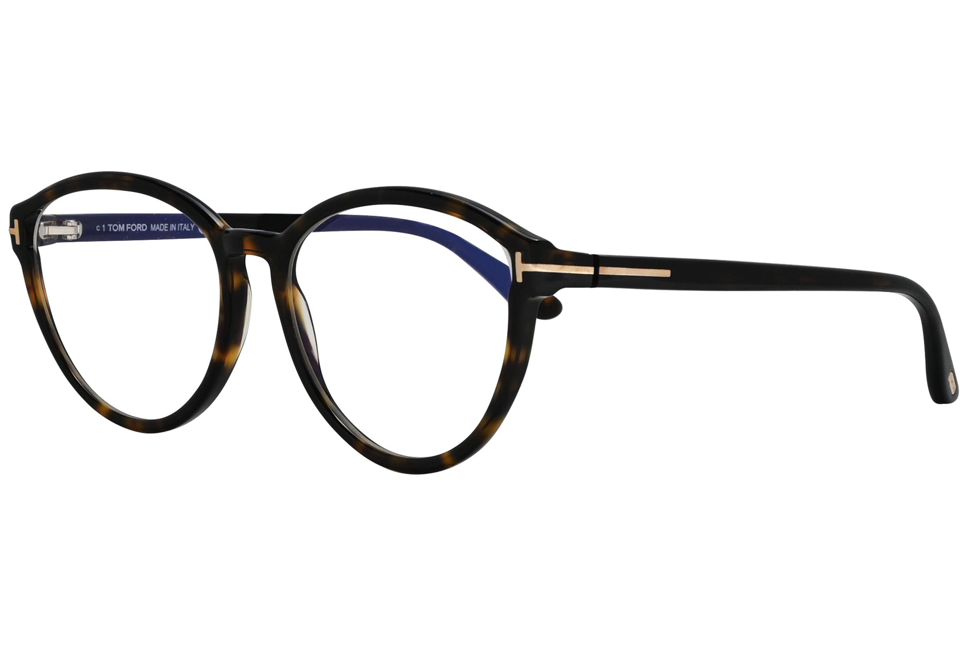 tom ford oval tortoise eyeglasses frame viewed from a 45-degree angle.