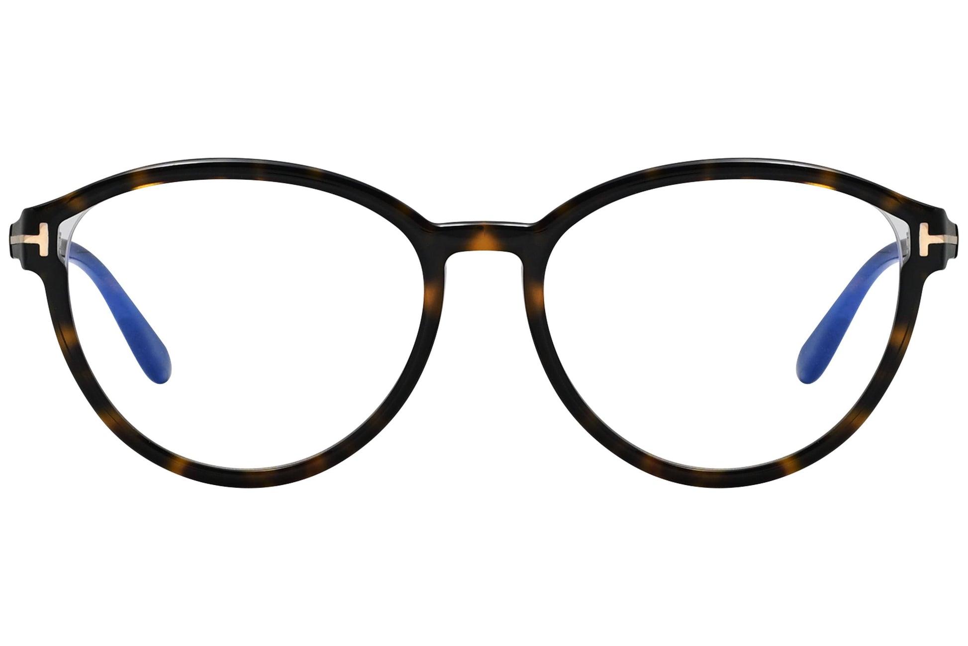 tom ford oval tortoise eyeglasses frame viewed from front angle.