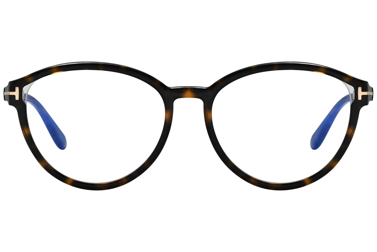 tom ford oval tortoise eyeglasses frame viewed from front angle.